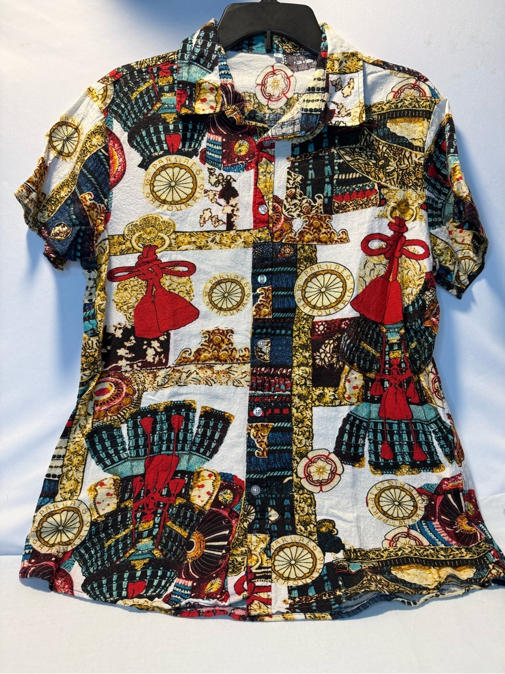 SHEIN Men’s Multicolor Tassel Print Short Sleeve Shirt. Size XL 22” P2P
